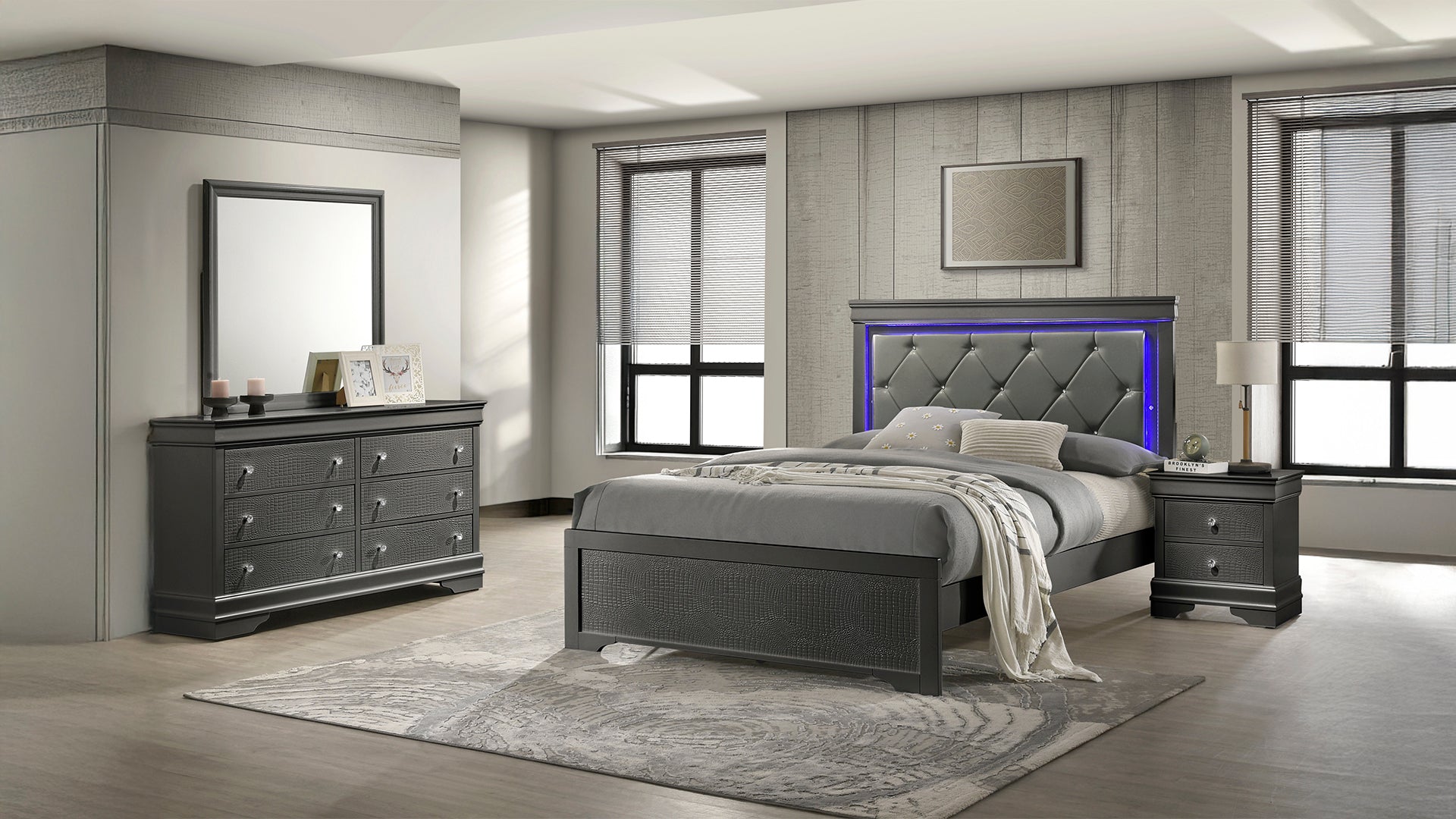 Blaze Upholstered Modern Style 4 Pc Twin Bedroom Set with LED Headboard Made with Wood in Metallic Gray(CA WAREHOUSE)