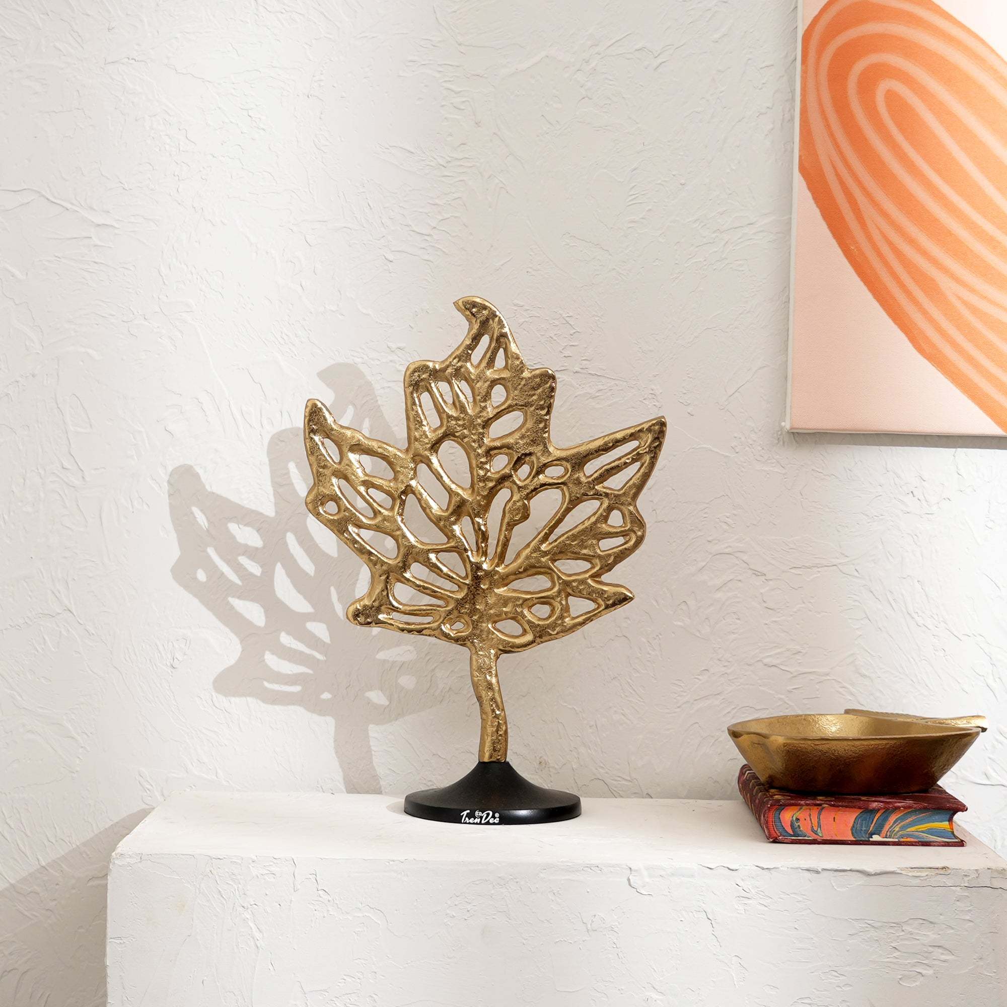 Aluminum Golden Maple Leaf Accent on Black Base – Stylish Table Décor Sculpture-11.5x5.5x16'