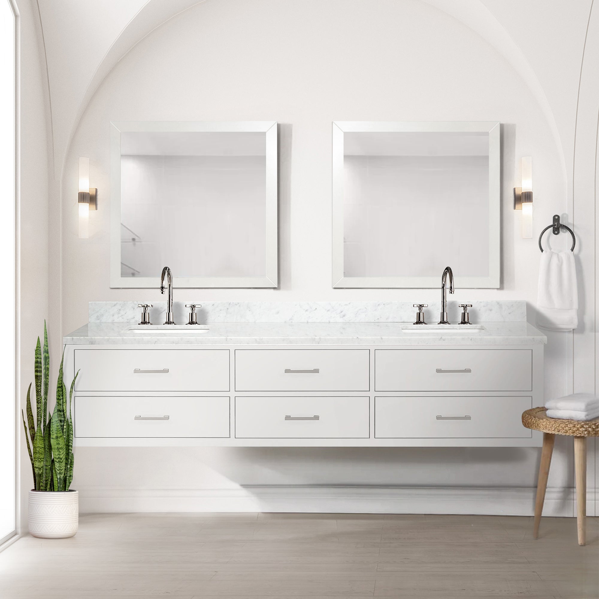 White Double Bath Vanity 84 in. W x 22 in. D, Carrara Marble Top, and Faucet Set