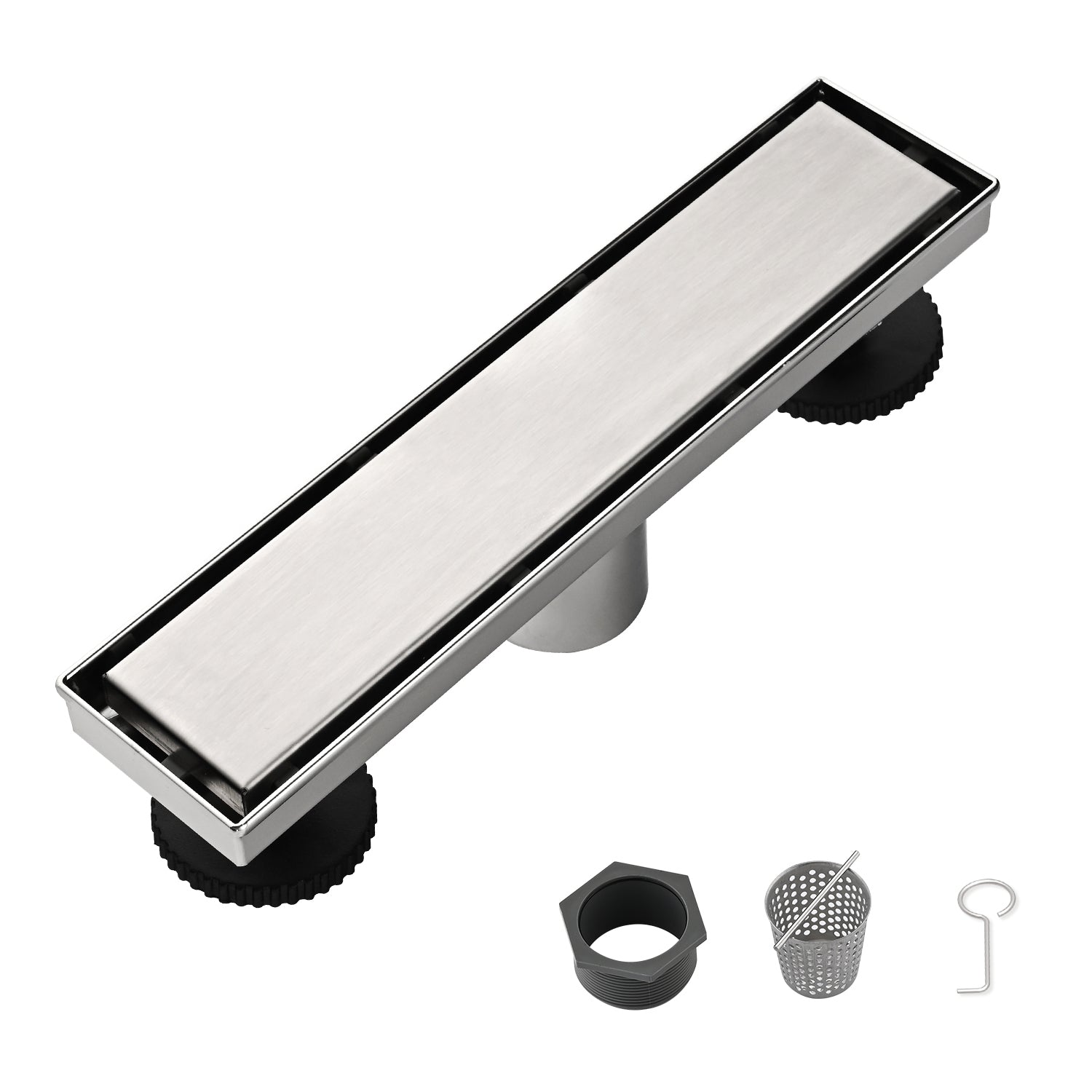 12 Inch Linear Shower Drain with Removable Cover, 304 Stainless Steel Shower Floor Drain with Hair Strainer and Leveling Feet