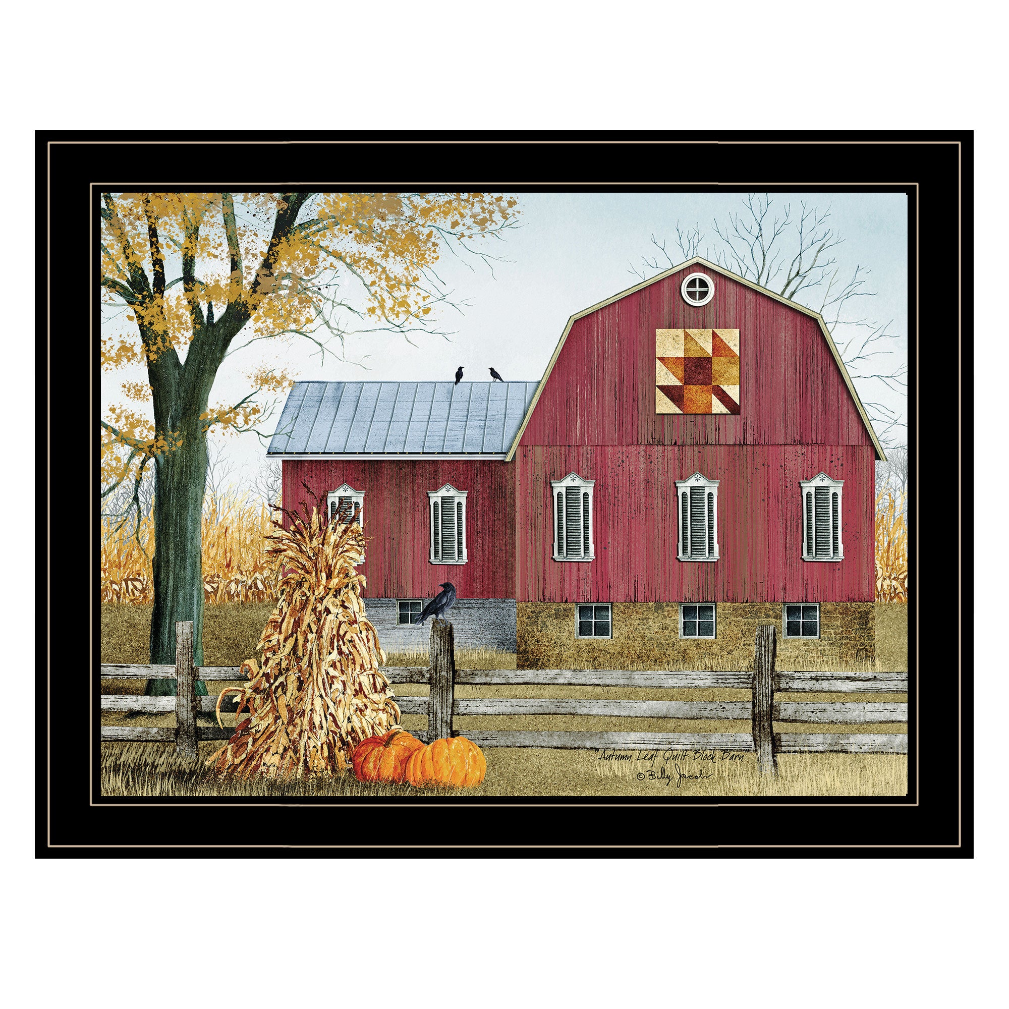'Autumn Leaf Quilt Block Barn' by Billy Jacobs, Ready to Hang Framed Print, Black Frame